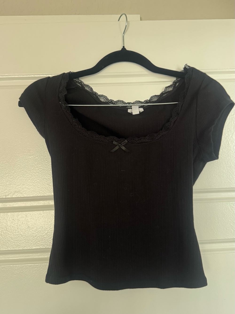 Garage Black Lace-Trim Ribbed Short Sleeve Top